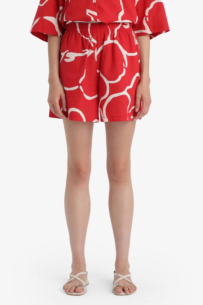 WOMAN Red Normal Waist Patterned Short Leg Cotton Shorts