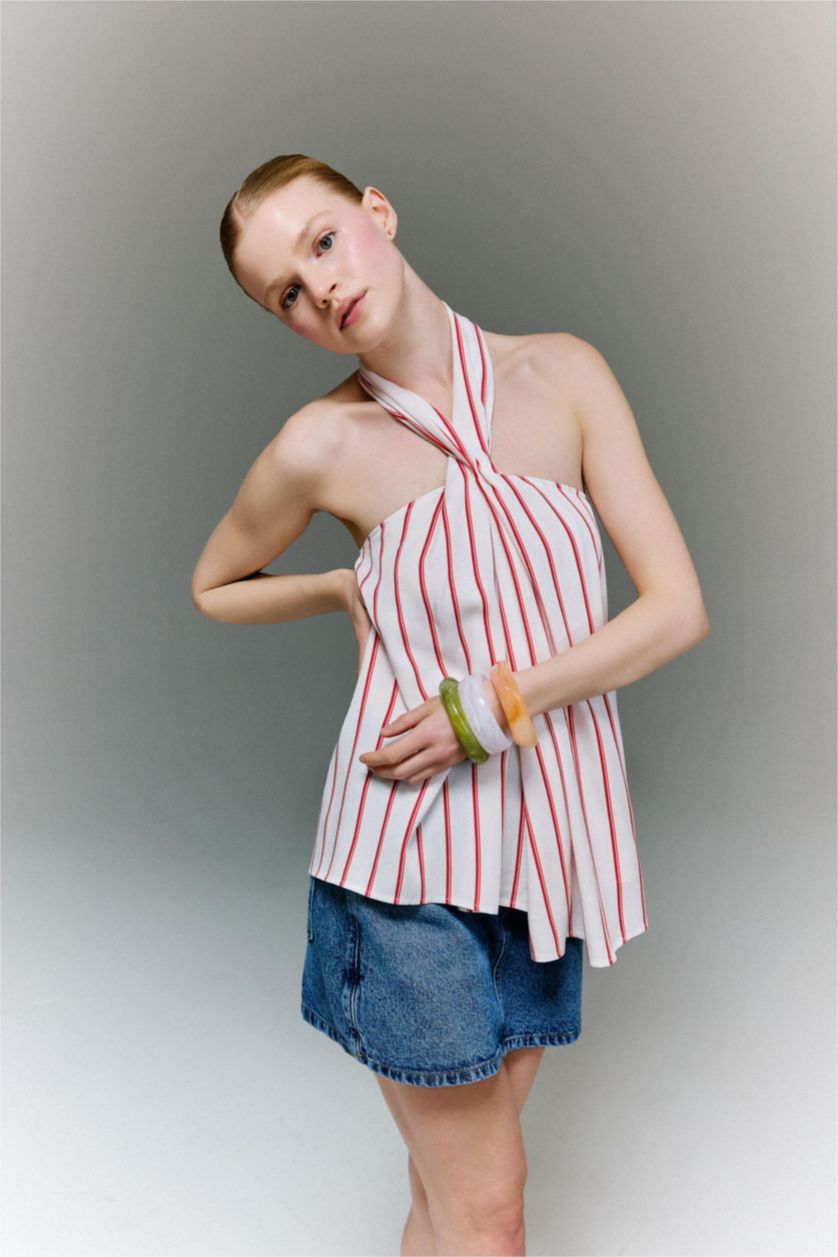 Kadın Kırmızı Regular Fit Kolsuz Çizgili Bluz