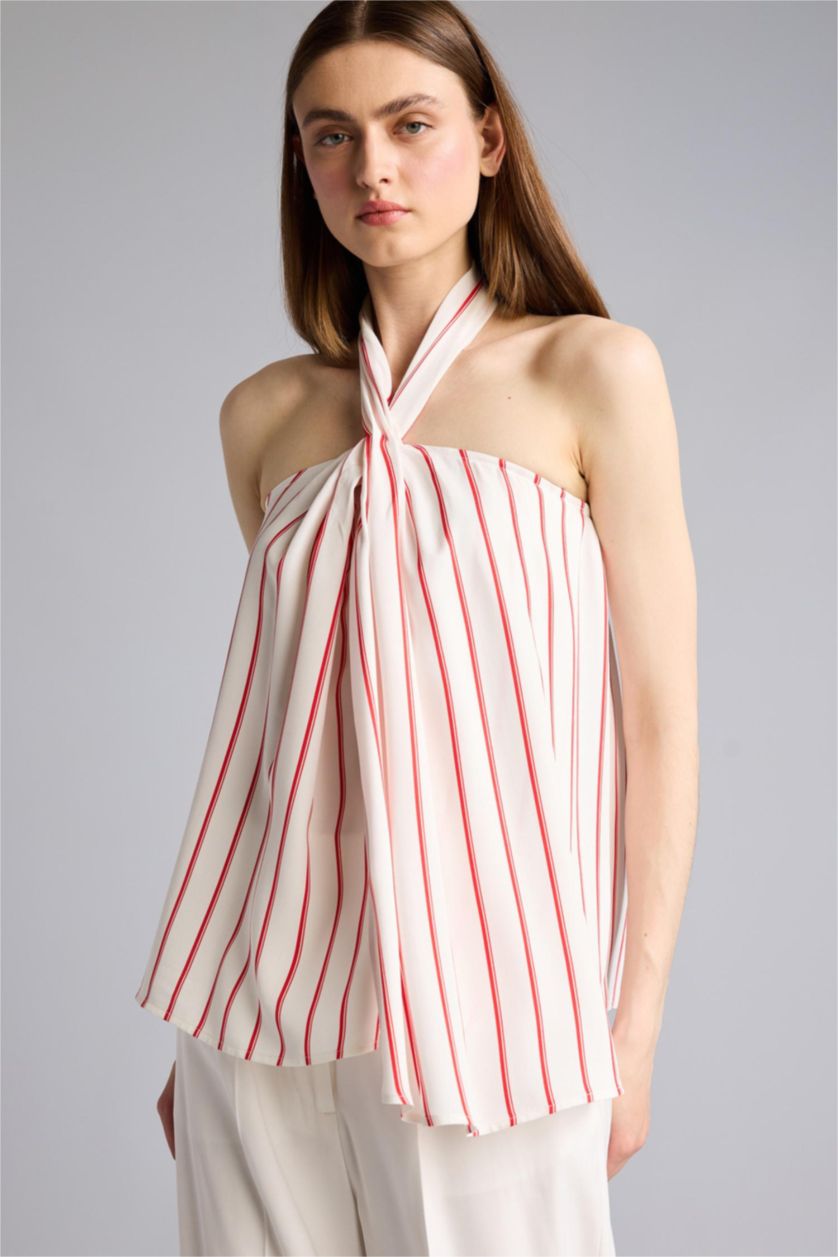 Woman Red Regular Fit Halter Collar Striped Sleeveless Blouse