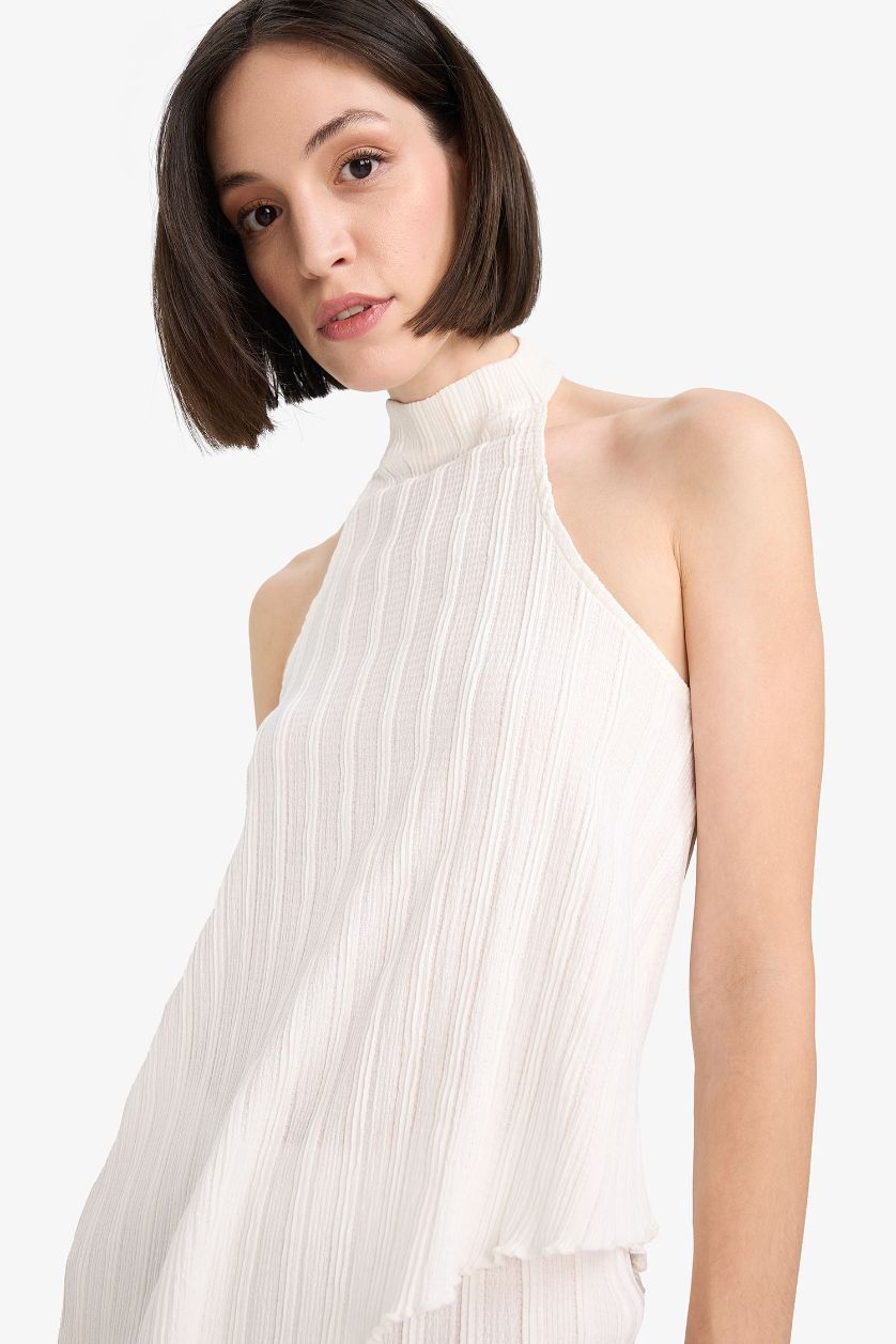 Kadın Ekru Asimetrik Yarım Balıkçı Yaka Bürümcük Bluz