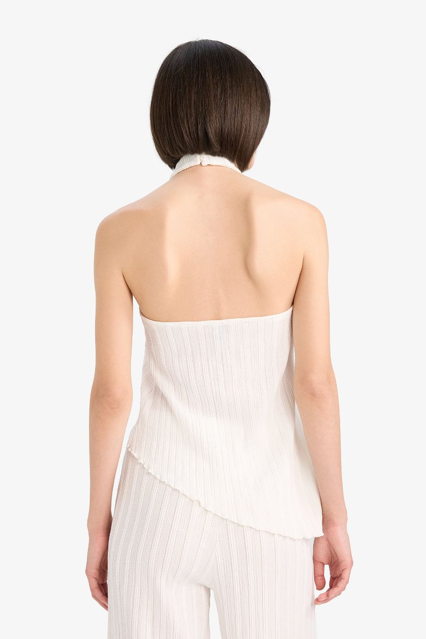 Kadın Ekru Asimetrik Yarım Balıkçı Yaka Bürümcük Bluz