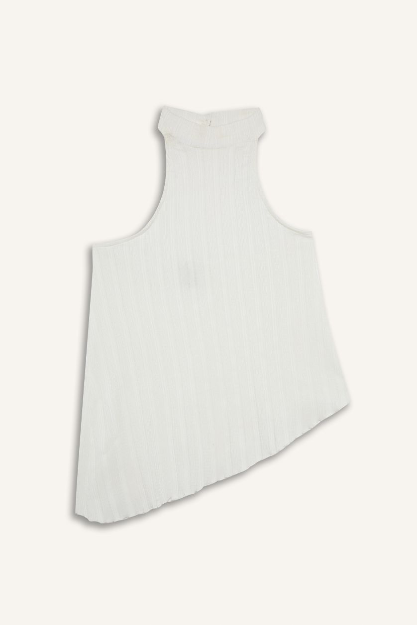 Kadın Ekru Asimetrik Yarım Balıkçı Yaka Bürümcük Bluz