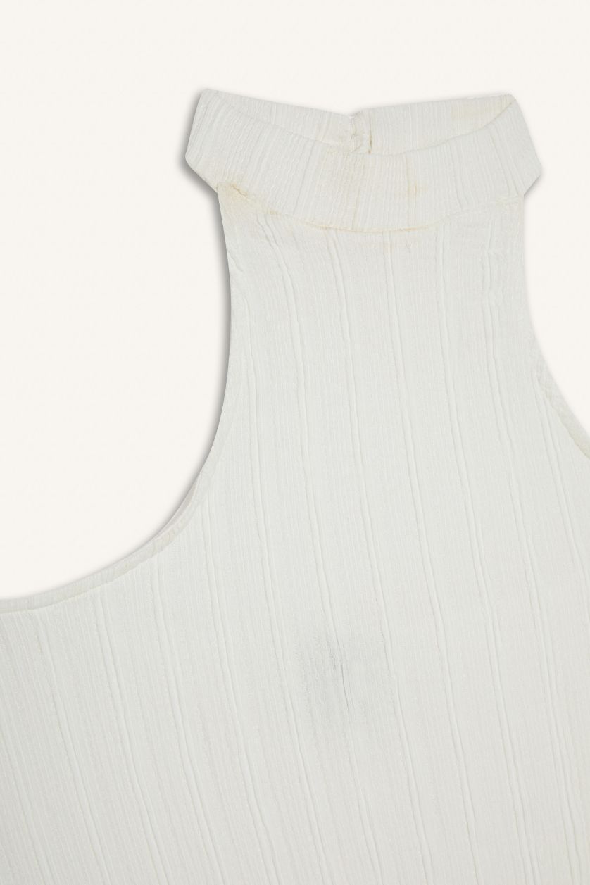 Kadın Ekru Asimetrik Yarım Balıkçı Yaka Bürümcük Bluz