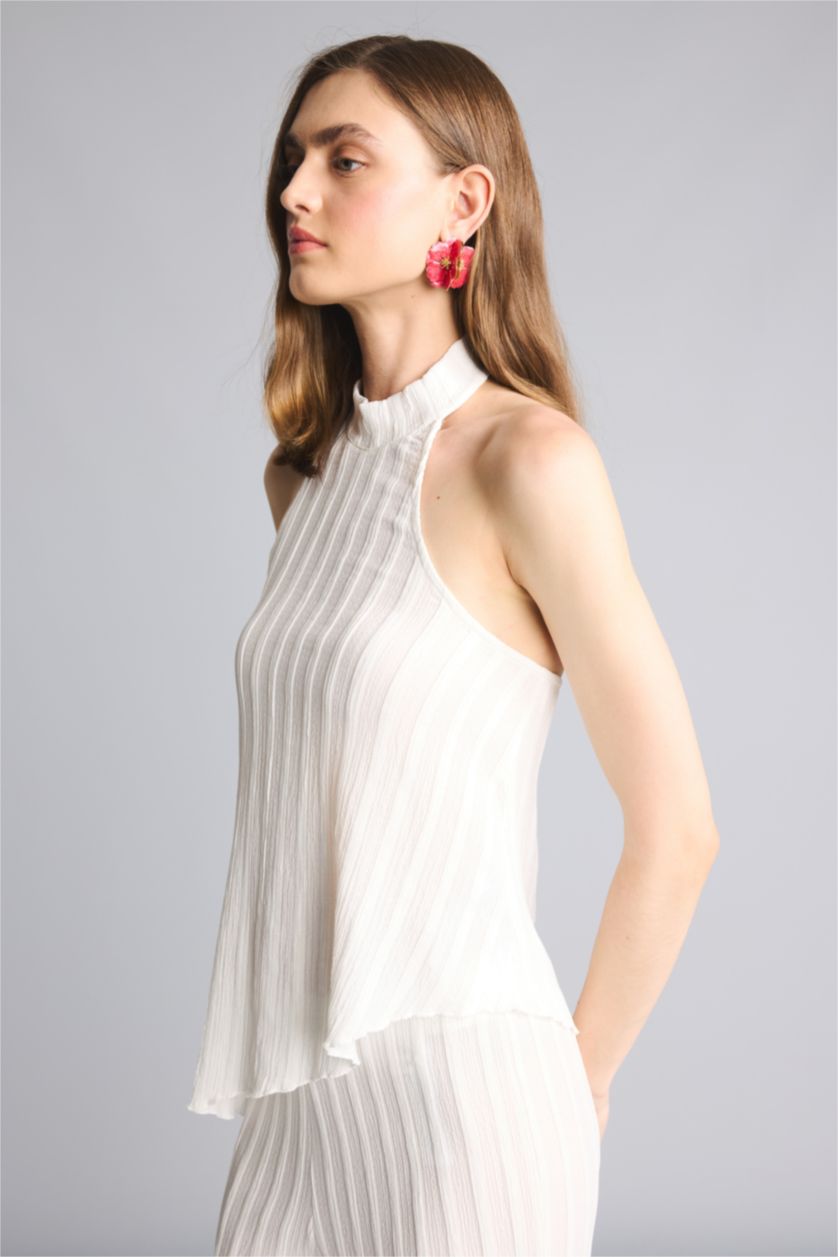 Women Ecru Asymmetric Half Turtleneck Tank Top