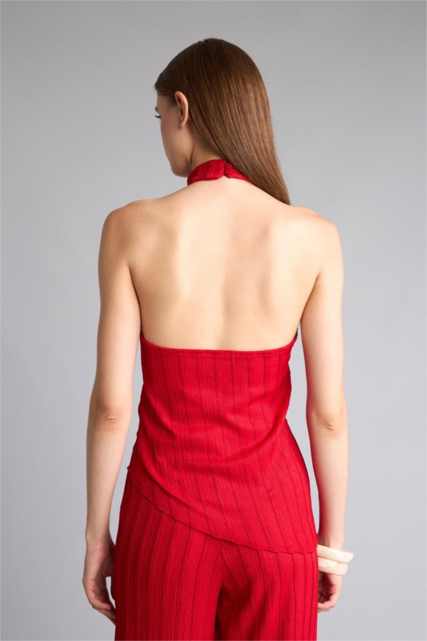 Woman Red Asymmetric Half Turtleneck Tank Top