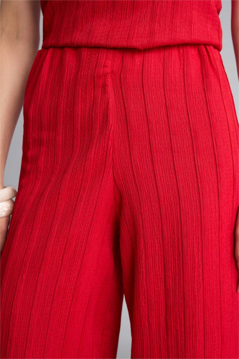 Kadın Kırmızı Wide Leg Kırışık Dokulu Pantolon