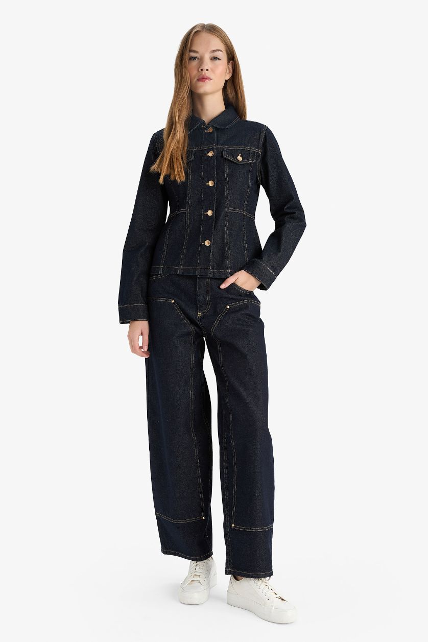 Kadın Mavi Siyah Düğmeli Cep Detaylı Denim Ceket