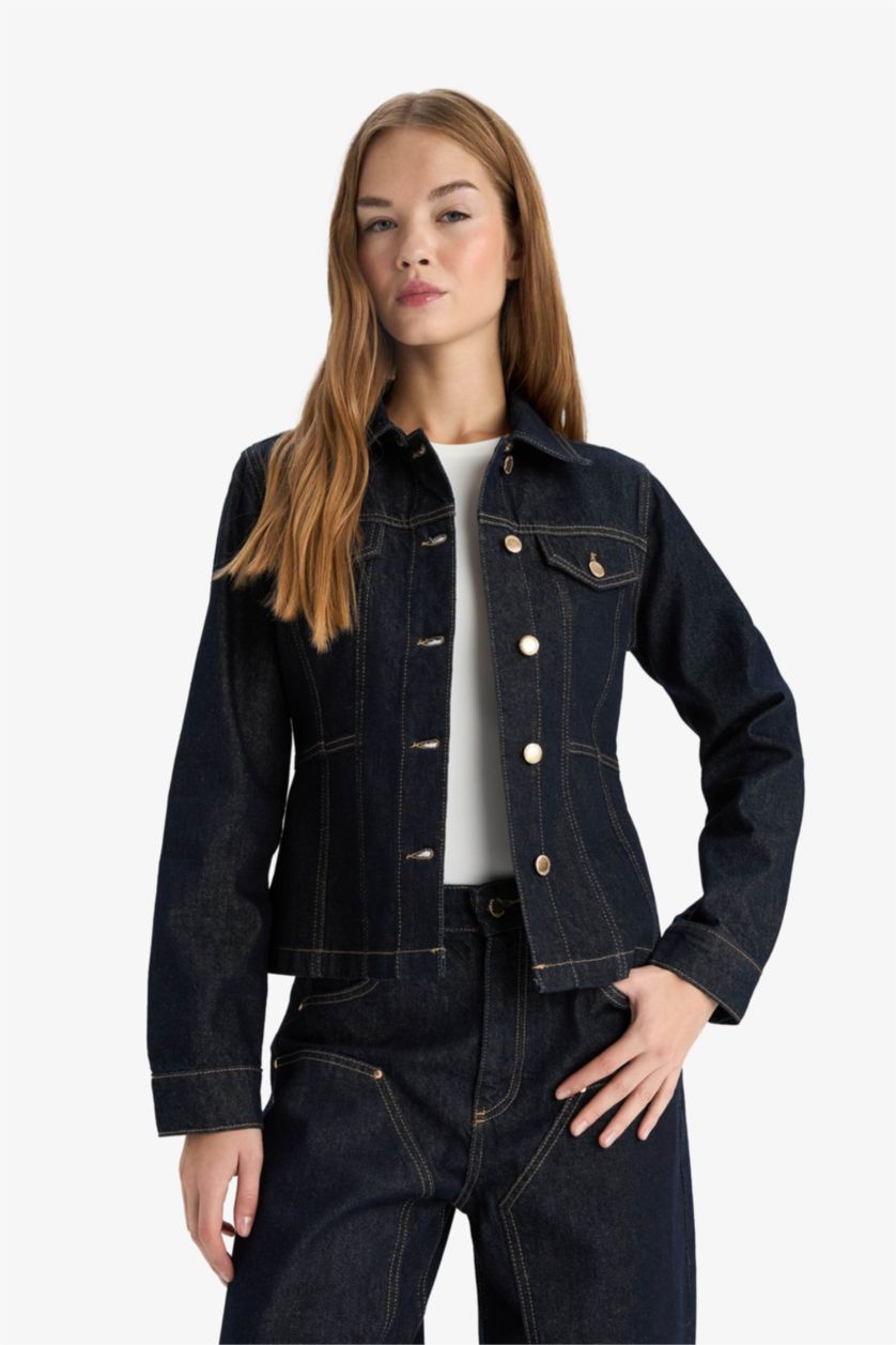 Kadın Mavi Siyah Düğmeli Cep Detaylı Denim Ceket