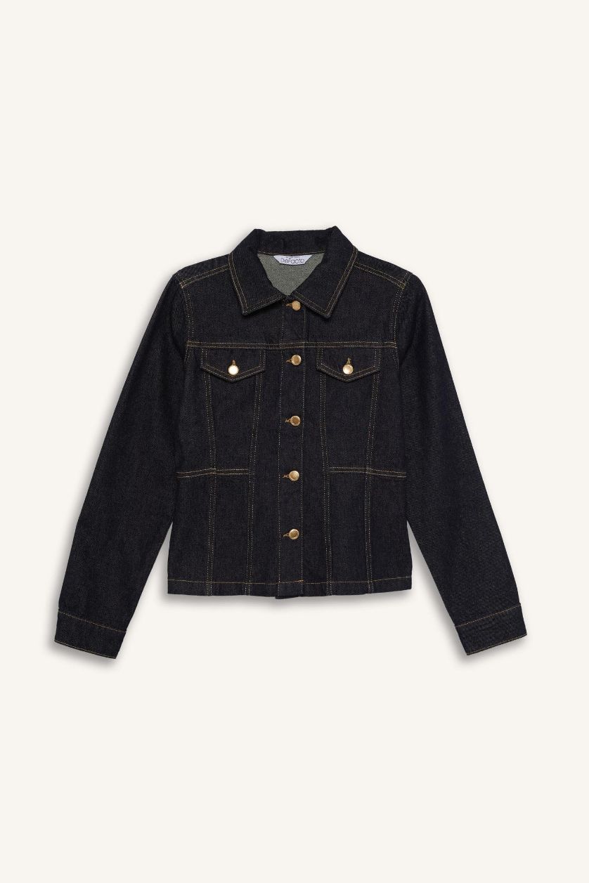 Kadın Mavi Siyah Düğmeli Cep Detaylı Denim Ceket
