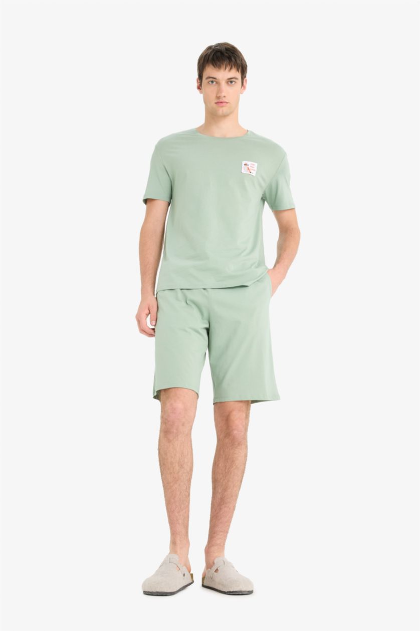 Erkek Açık Yeşil %100 Pamuk Pijama Takımı Baskılı Kısa Kollu Üst Şort 