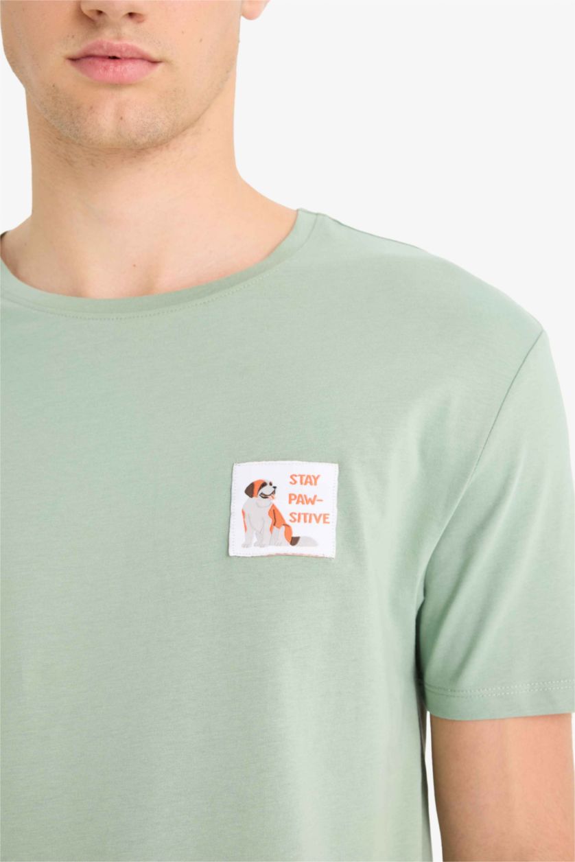 Erkek Açık Yeşil %100 Pamuk Pijama Takımı Baskılı Kısa Kollu Üst Şort 