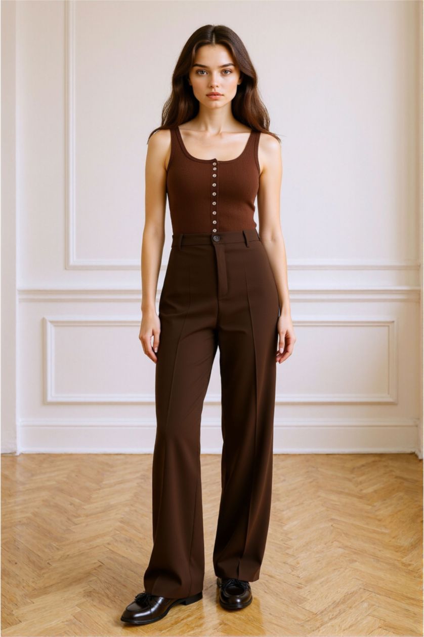 Women Brown Normal Waist Straight Fit Trousers