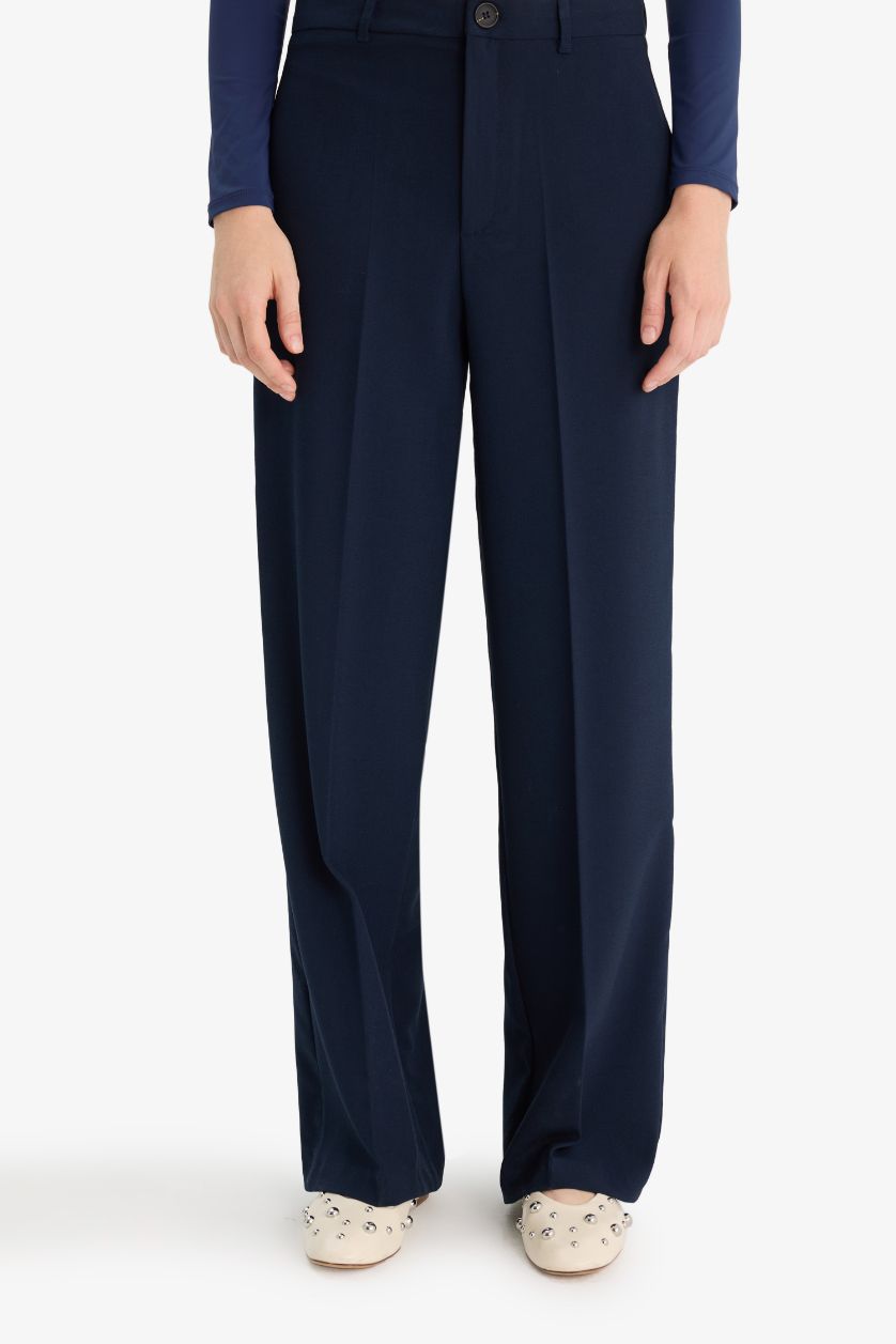 Kadın Lacivert Straıght Fıt Fleto Cepli Normal Bel Standart Boy Pantolon