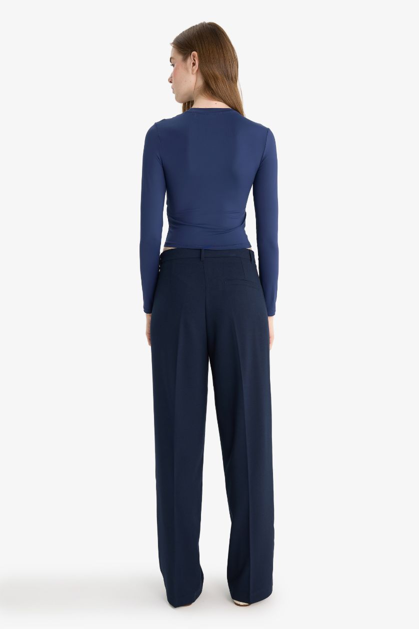 Kadın Lacivert Straıght Fıt Fleto Cepli Normal Bel Standart Boy Pantolon