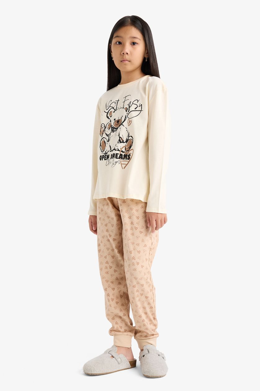 FILLES Écru Ensemble Pyjama Top à manches longues et Pantalon à motifs pour fille
