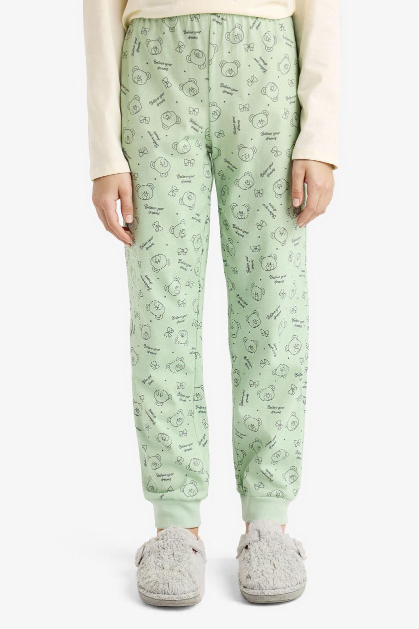 Kız Çocuk - Genç Kız Ekru %100 Pamuklu Ayıcık Baskılı Beli Lastikli Pijama Takımı Kız Çocuk