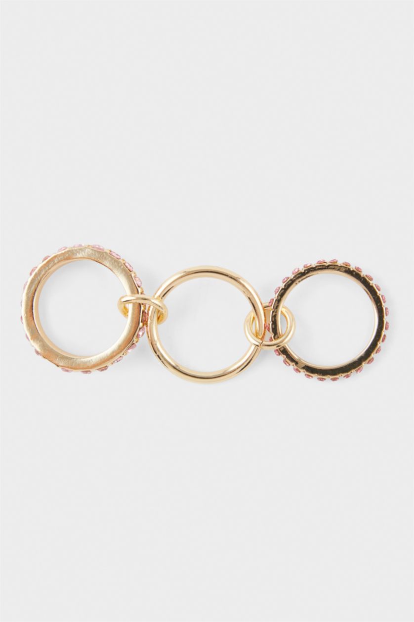 Kadın Altın Kadın 3'lü Pembe Taşlı Birleştirilebilir Gold Yüzük