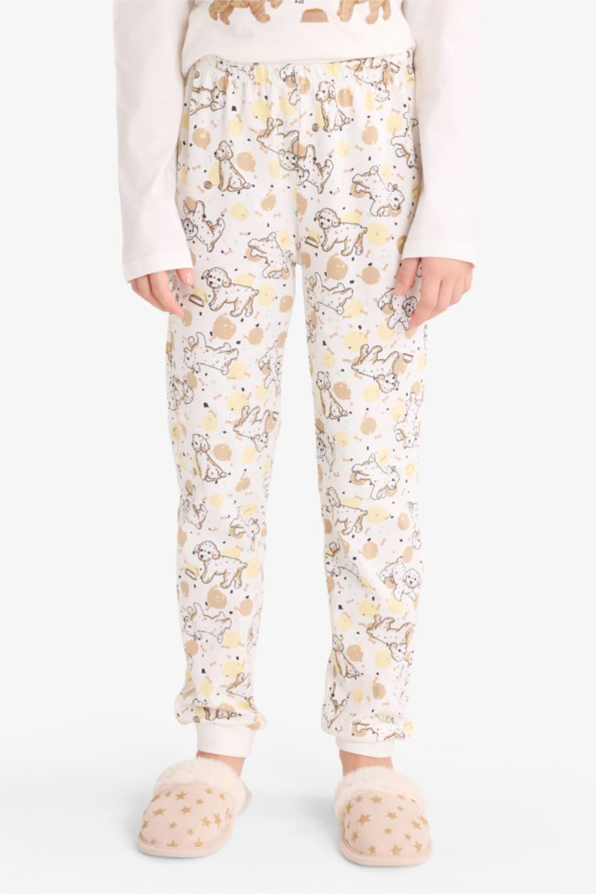 Kız Çocuk - Genç Kız Kum Pijama Takımı Baskılı Uzun Kollu Üst Uzun Alt Kız Çocuk