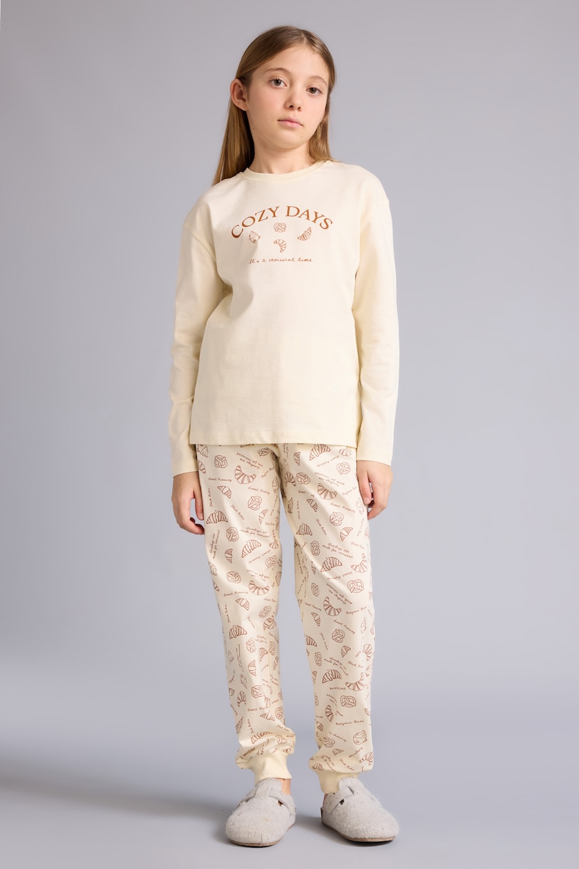 Kız Çocuk - Genç Kız Ekru %100 Pamuklu Baskılı Beli Lastikli Pijama Takımı Kız Çocuk