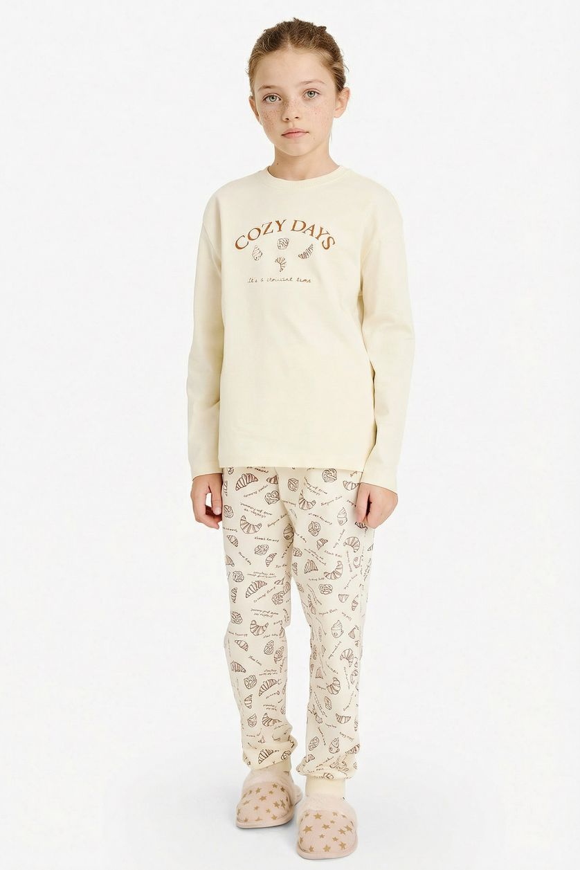 Kız Çocuk - Genç Kız Ekru %100 Pamuklu Baskılı Beli Lastikli Pijama Takımı Kız Çocuk