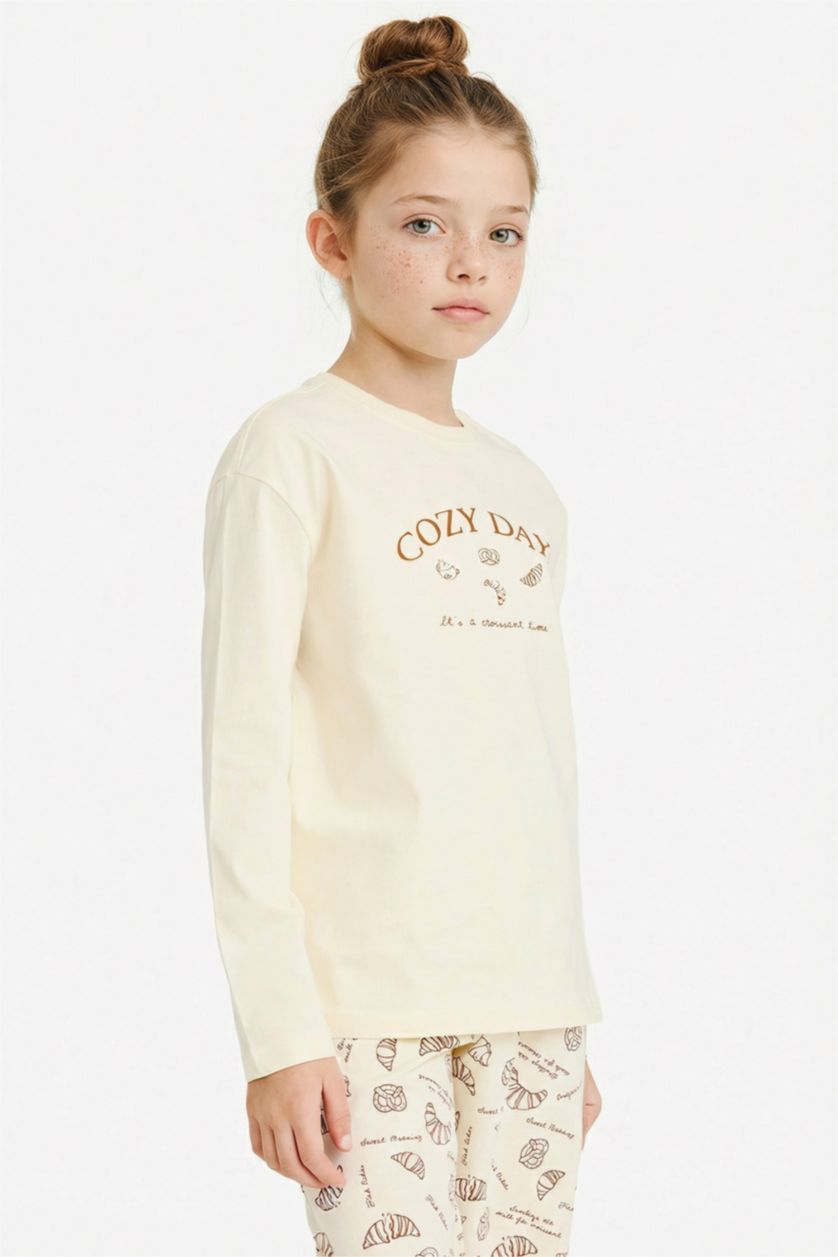 Kız Çocuk - Genç Kız Ekru %100 Pamuklu Baskılı Beli Lastikli Pijama Takımı Kız Çocuk
