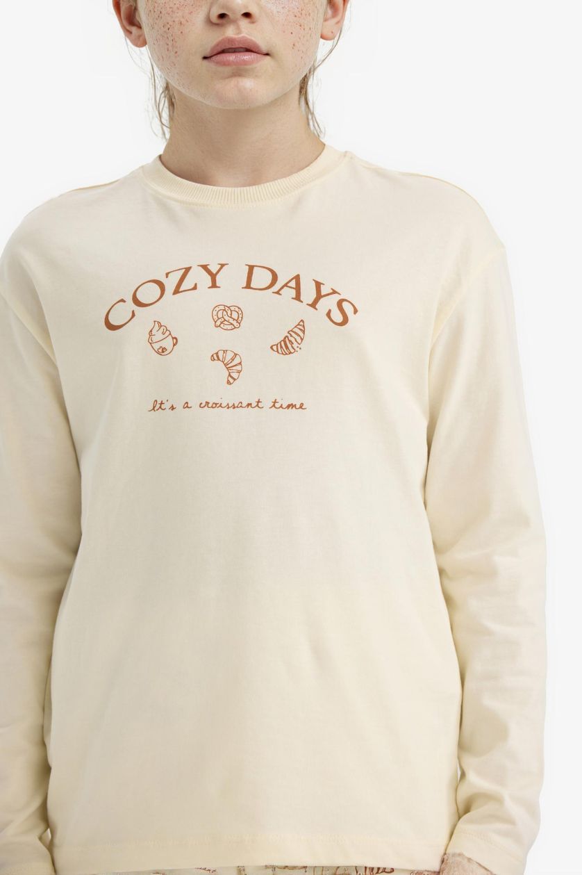 Kız Çocuk - Genç Kız Ekru %100 Pamuklu Baskılı Beli Lastikli Pijama Takımı Kız Çocuk