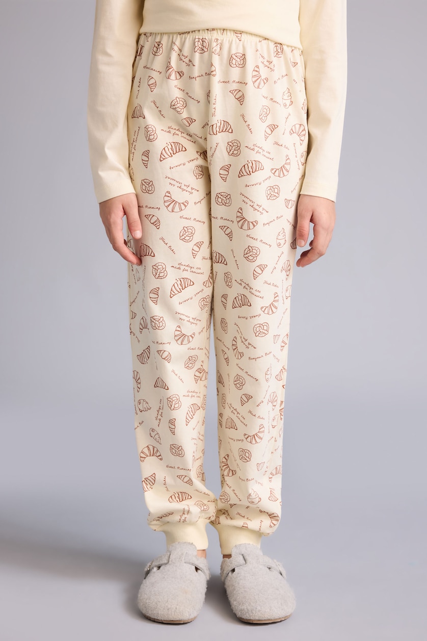 Kız Çocuk - Genç Kız Ekru %100 Pamuklu Baskılı Beli Lastikli Pijama Takımı Kız Çocuk