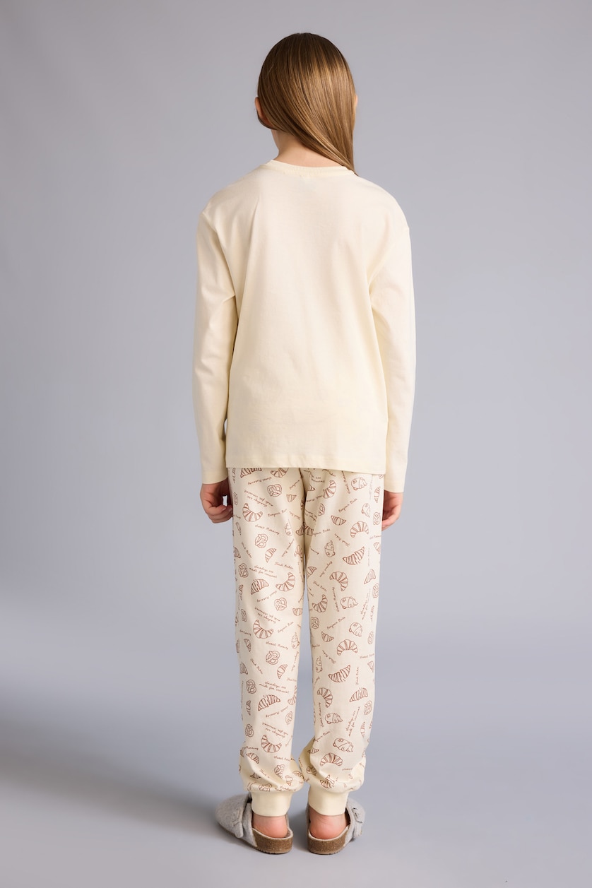 Kız Çocuk - Genç Kız Ekru %100 Pamuklu Baskılı Beli Lastikli Pijama Takımı Kız Çocuk