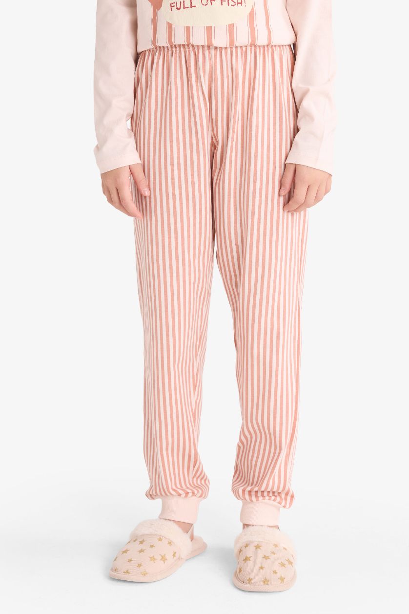 Kız Çocuk - Genç Kız Açık Pembe %100 Pamuklu Baskılı Beli Lastikli Pijama Takımı Kız Çocuk