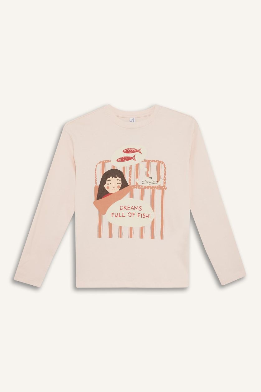 Kız Çocuk - Genç Kız Açık Pembe %100 Pamuklu Baskılı Beli Lastikli Pijama Takımı Kız Çocuk