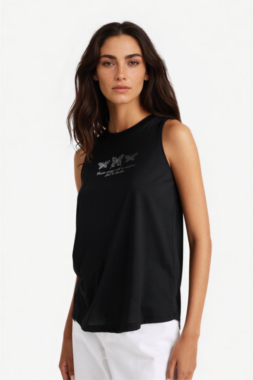 Kadın Siyah Relax Fit Baskılı Bisiklet Yaka Atlet