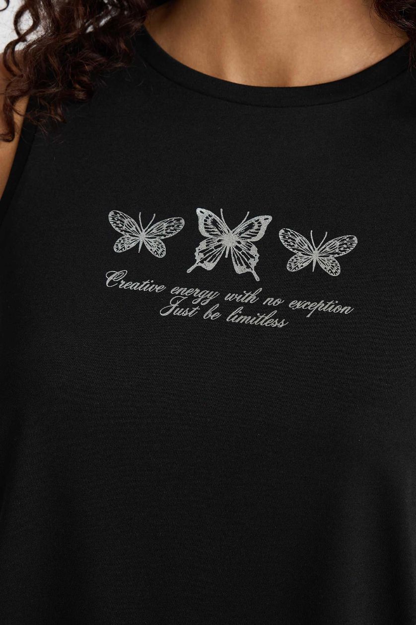 Kadın Siyah Relax Fit Baskılı Bisiklet Yaka Atlet