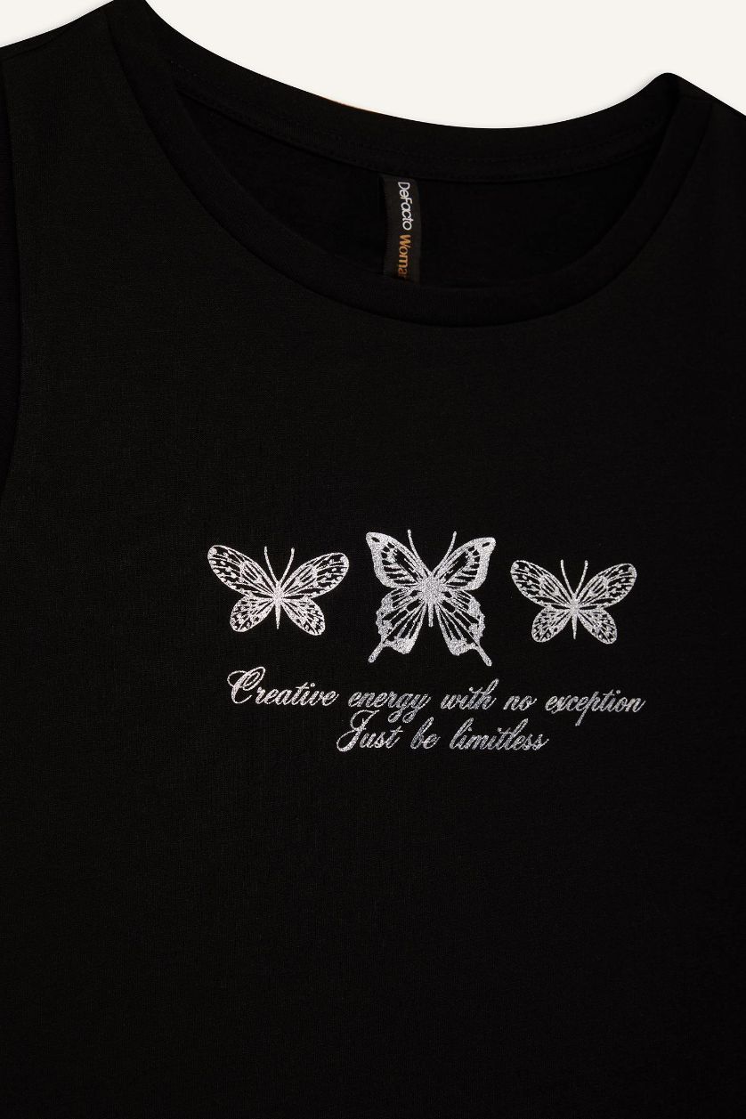 Kadın Siyah Relax Fit Baskılı Bisiklet Yaka Atlet