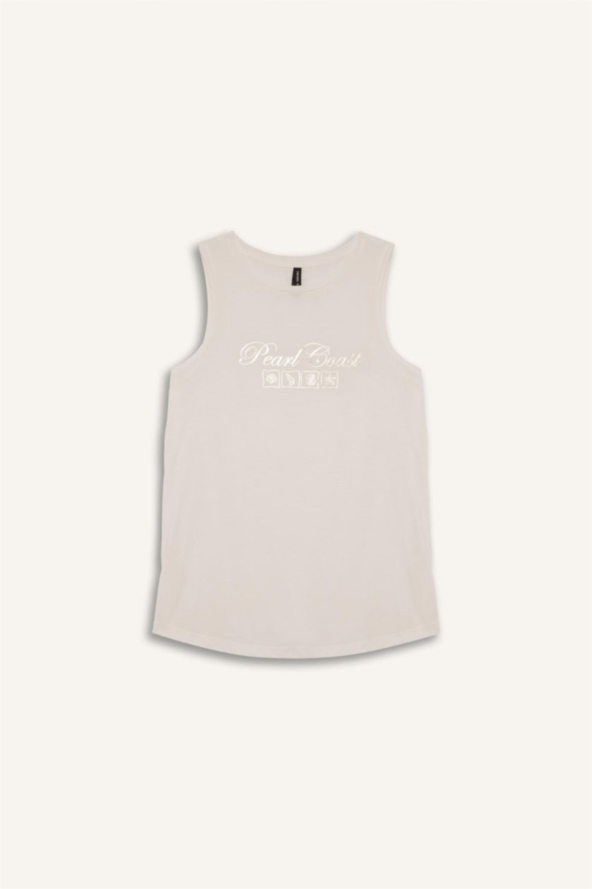 Kadın Ekru Relax Fit Baskılı Bisiklet Yaka Atlet