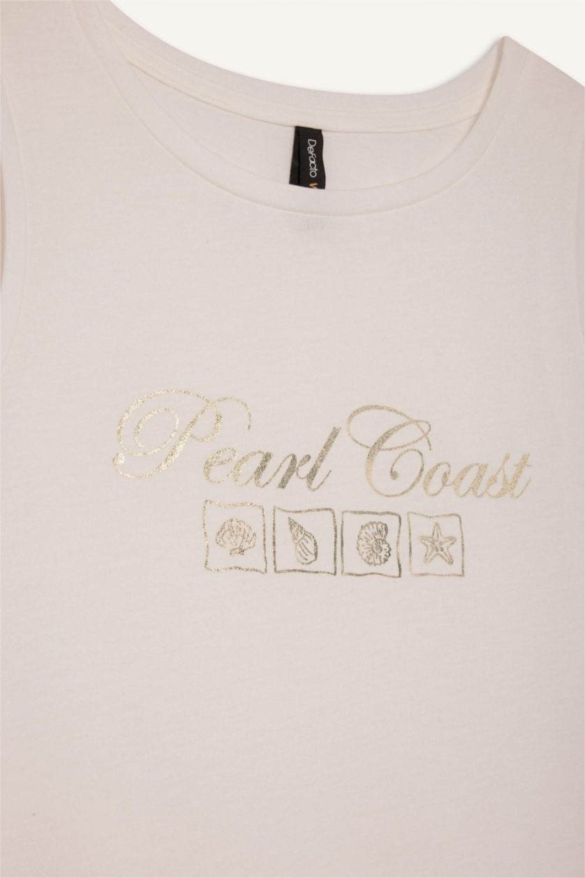 Kadın Ekru Relax Fit Baskılı Bisiklet Yaka Atlet