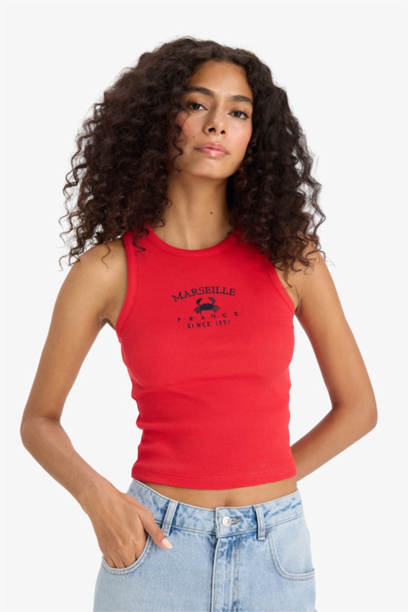 Kadın Kırmızı Slım Fıt Baskılı Halter Yaka Fitilli Kaşkorse Atlet