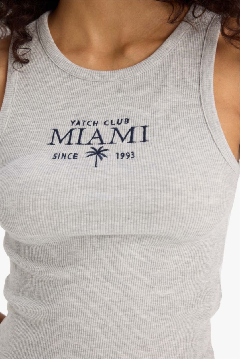 Kadın Gri Melanj Slim Fit Dar Kesim Baskılı Halter Yaka Fitilli Kaşkorse Atlet