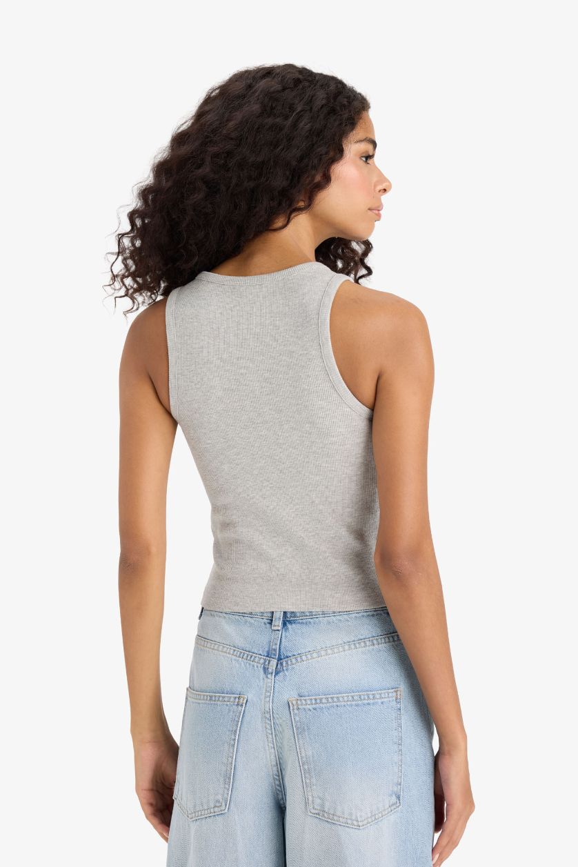 Kadın Gri Melanj Slim Fit Dar Kesim Baskılı Halter Yaka Fitilli Kaşkorse Atlet