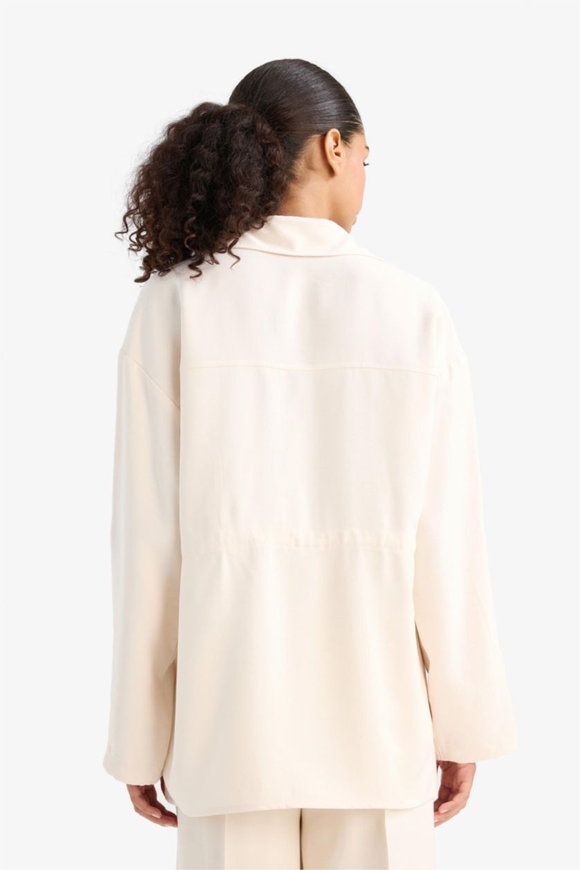 Woman Beige Regular Fit Elastic Waist Tencel Thin Jacket