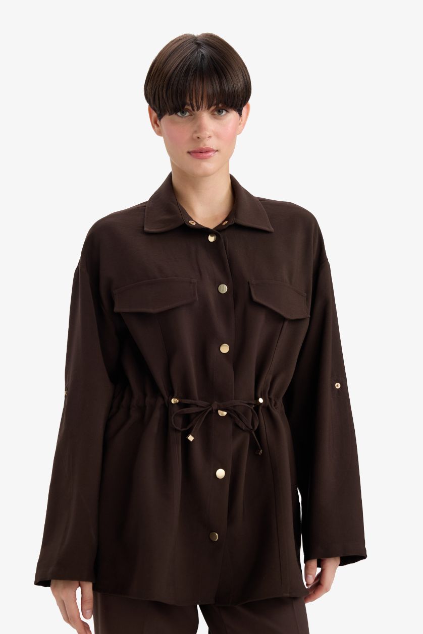 Kadın Koyu Kahve Regular Fit Beli Lastikli Tencel Ceket