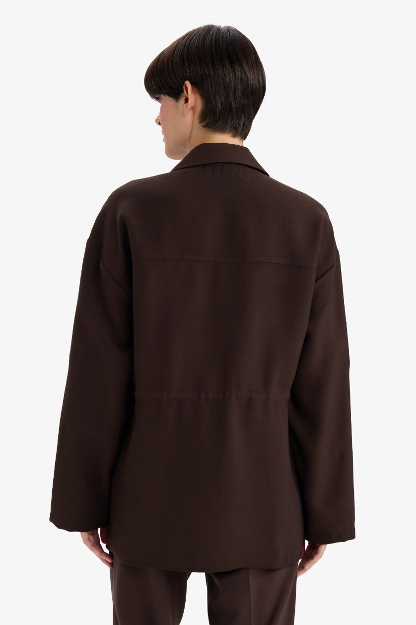 Kadın Koyu Kahve Regular Fit Beli Lastikli Tencel Ceket