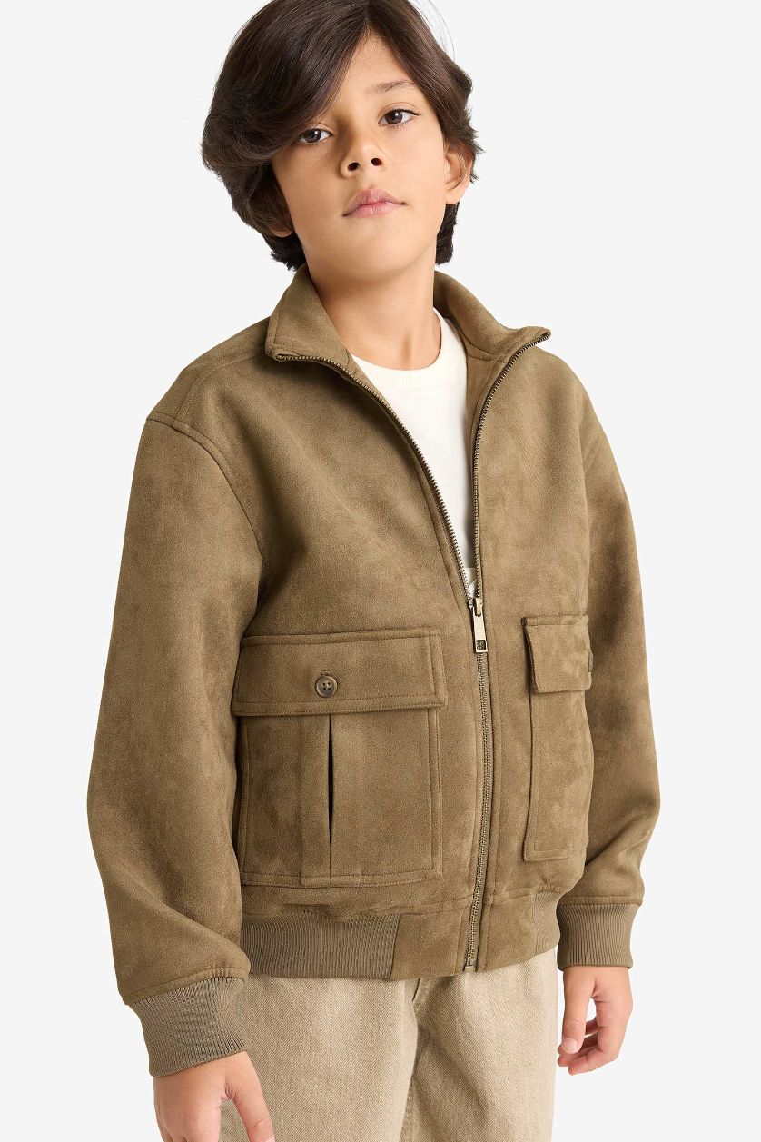 BOYS & TEENS Khaki Boy Tippet Faux Leather Jacket