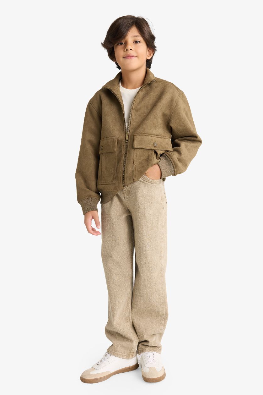 BOYS & TEENS Khaki Boy Tippet Faux Leather Jacket