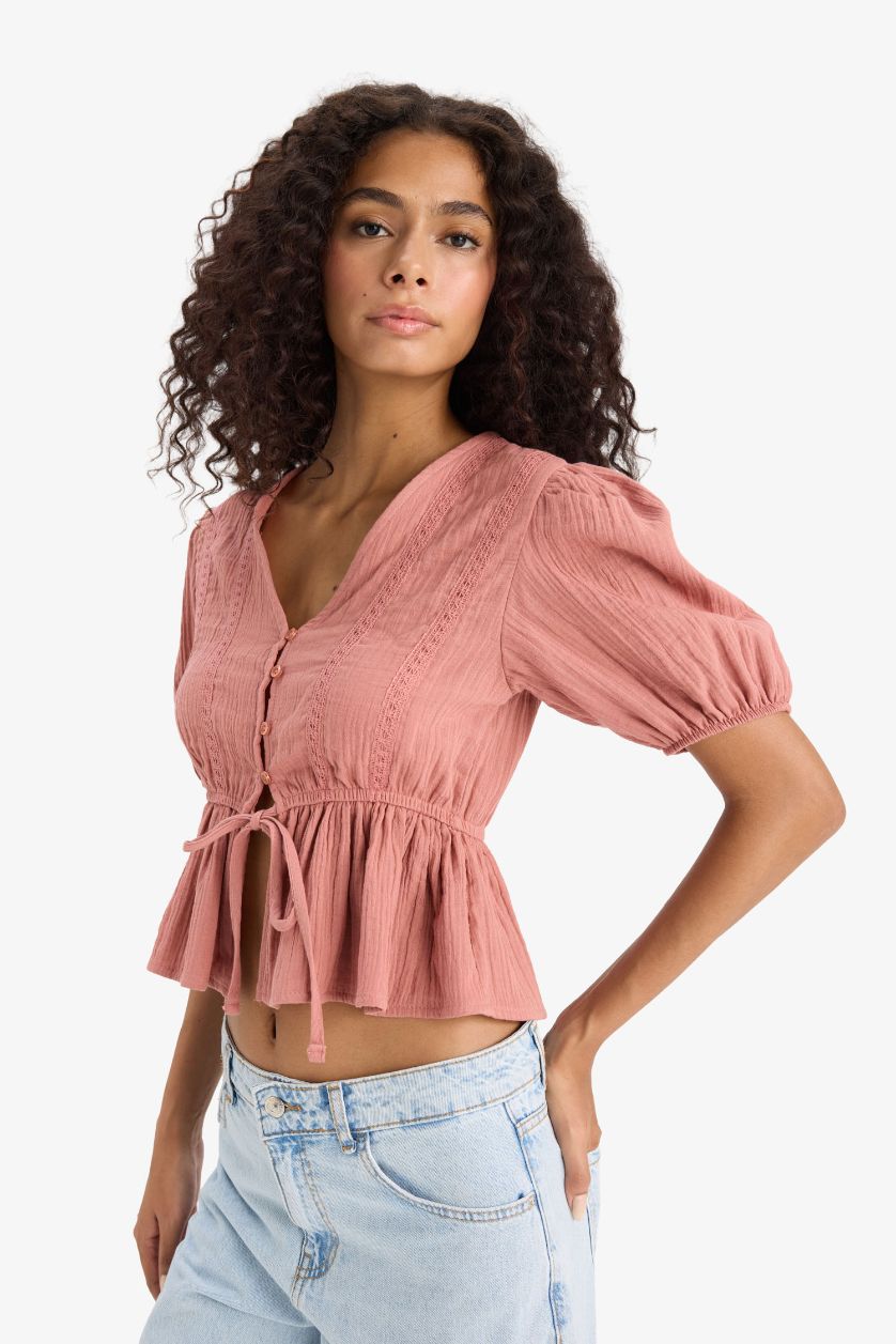 Женщины Розовый Приталенная блузка с вырезом V и завязкой, короткие рукава, из муслина