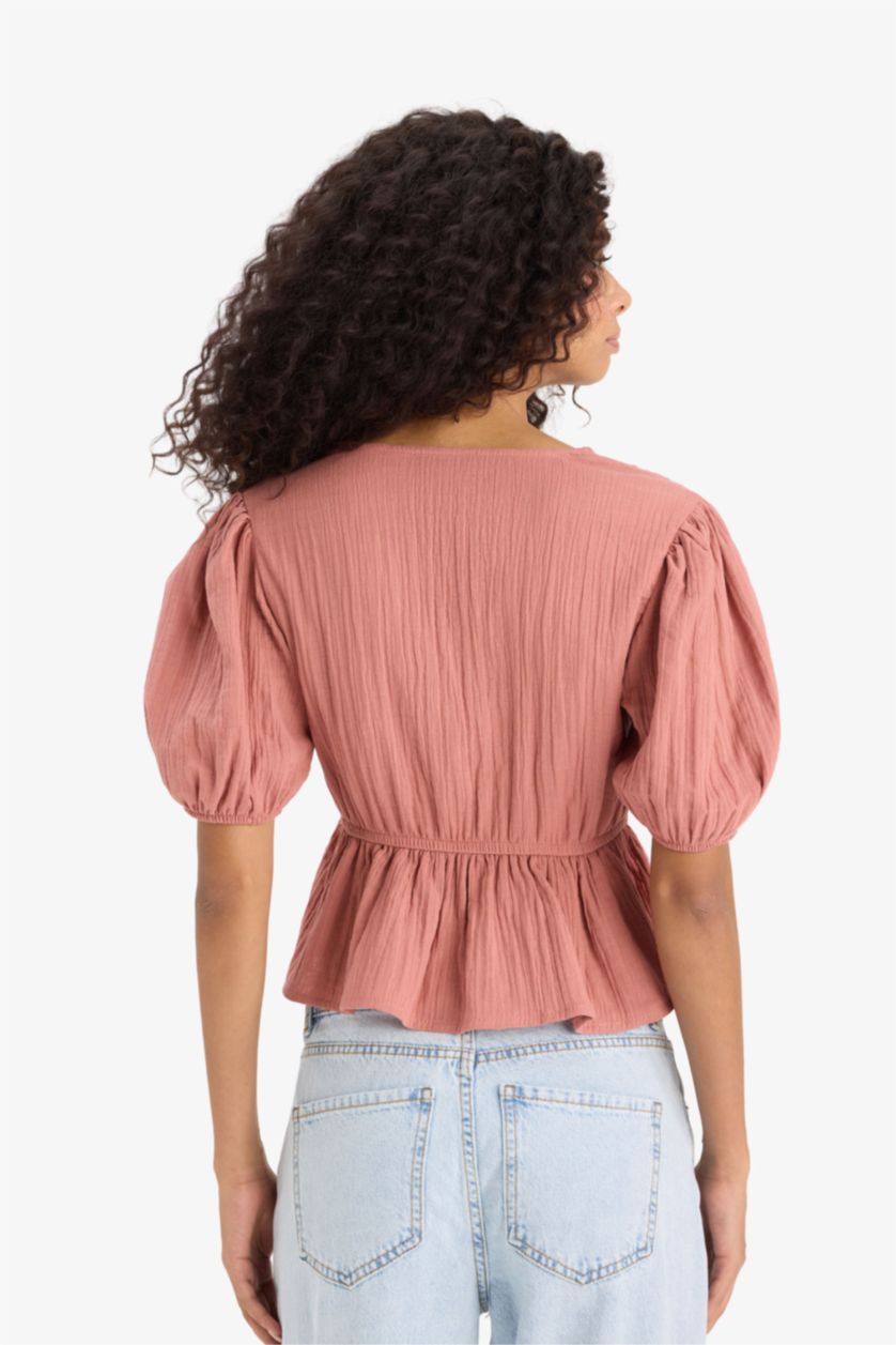 Женщины Розовый Приталенная блузка с вырезом V и завязкой, короткие рукава, из муслина