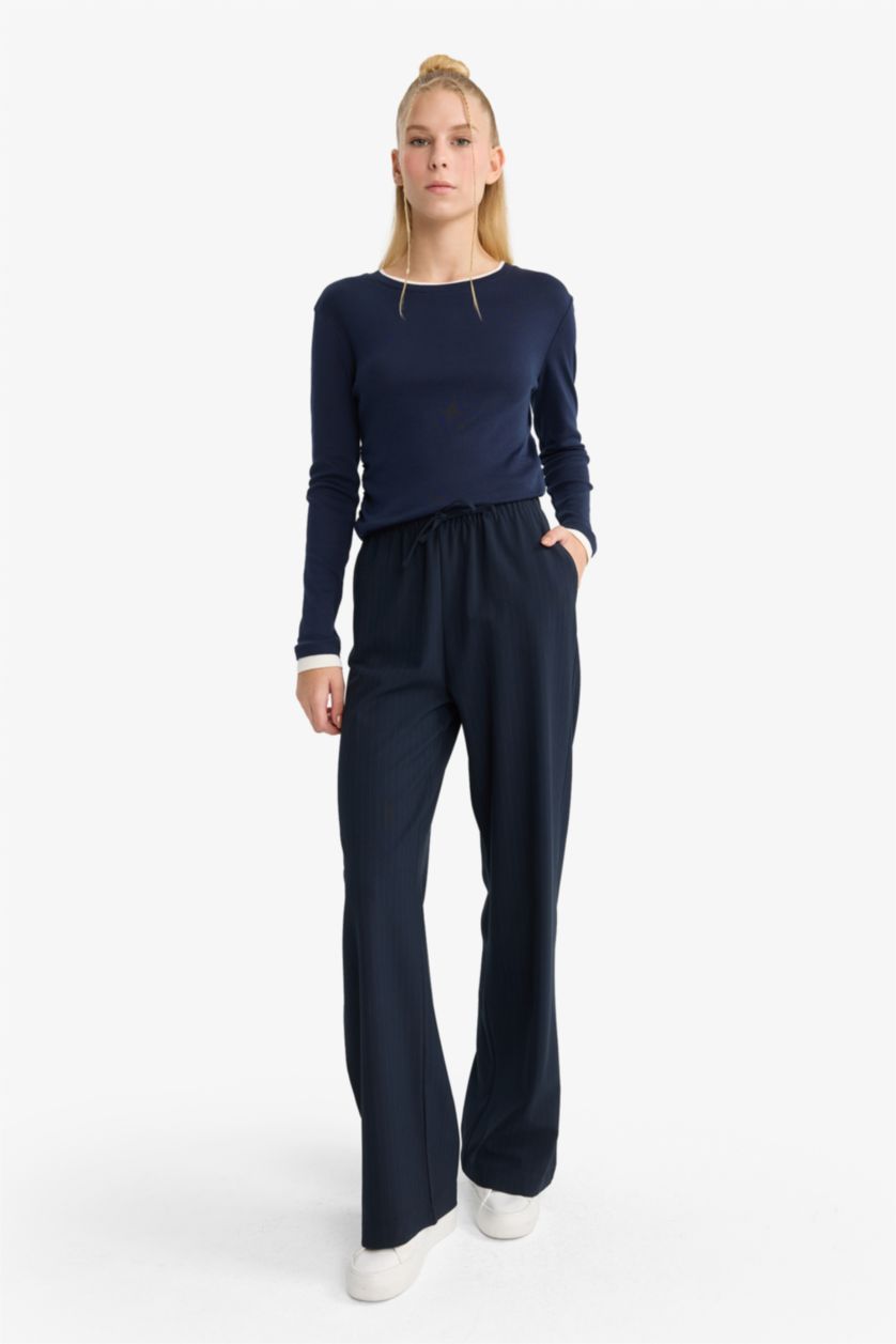 WOMAN NAVY Wide Leg Regular Waist Tie Waist Trousers