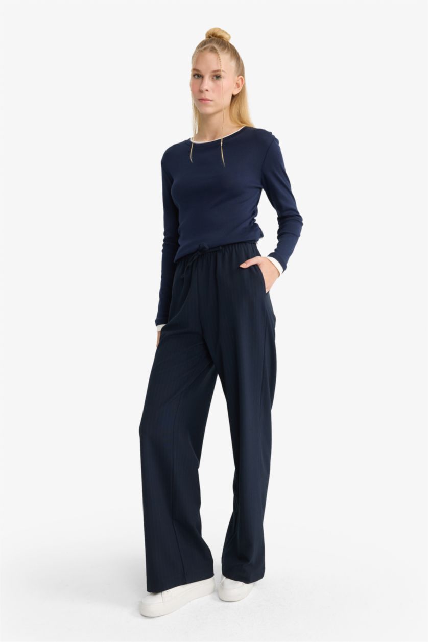 WOMAN NAVY Wide Leg Regular Waist Tie Waist Trousers