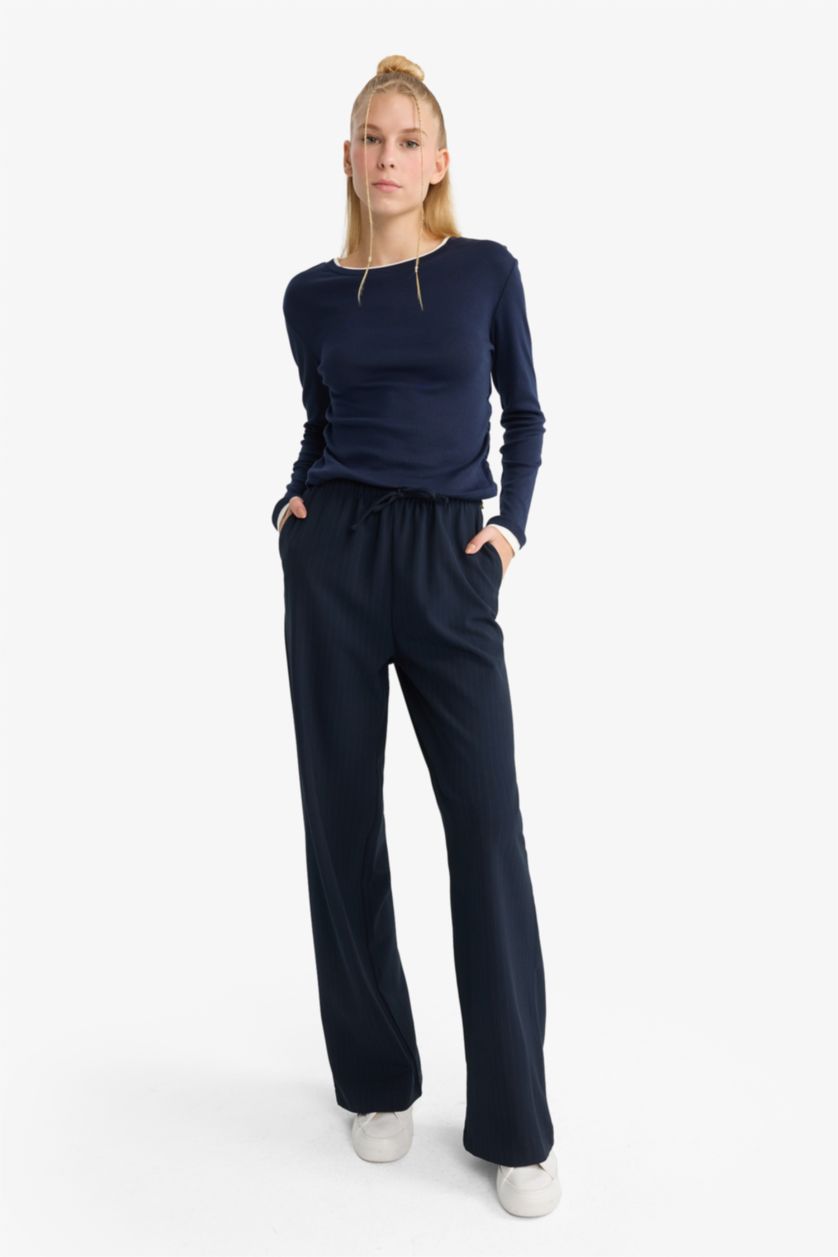 WOMAN NAVY Wide Leg Regular Waist Tie Waist Trousers