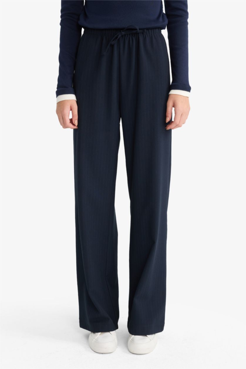 WOMAN NAVY Wide Leg Regular Waist Tie Waist Trousers