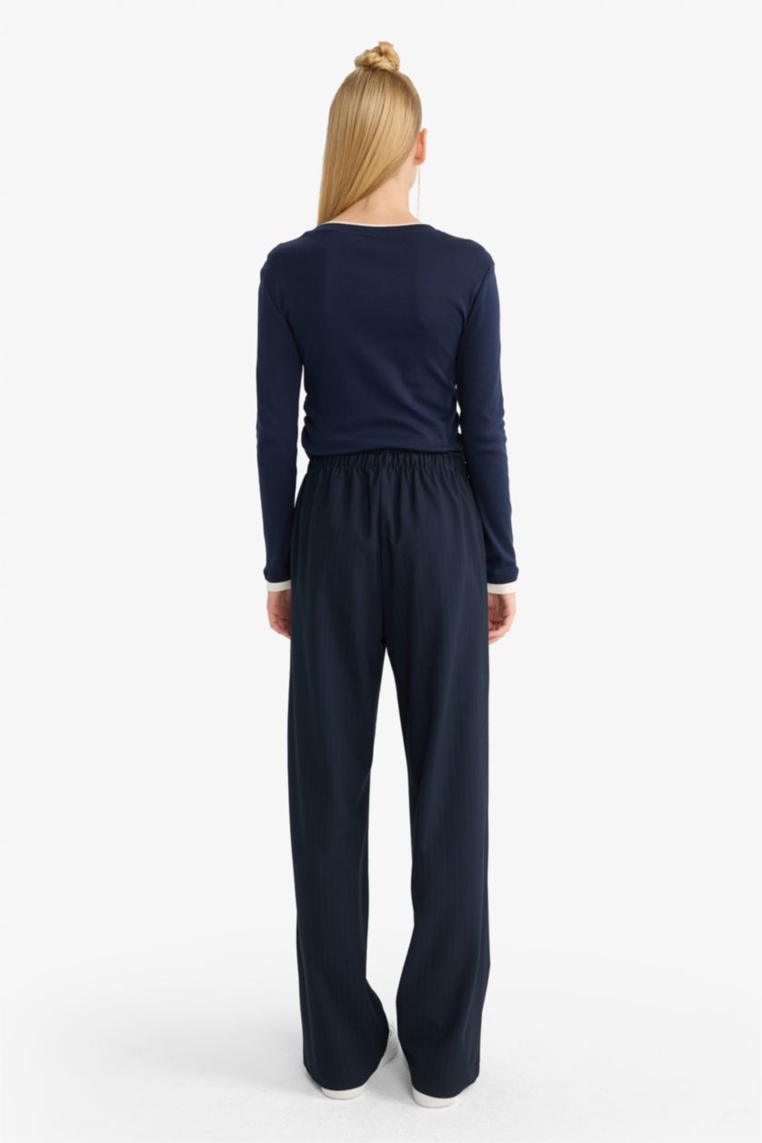 WOMAN NAVY Wide Leg Regular Waist Tie Waist Trousers